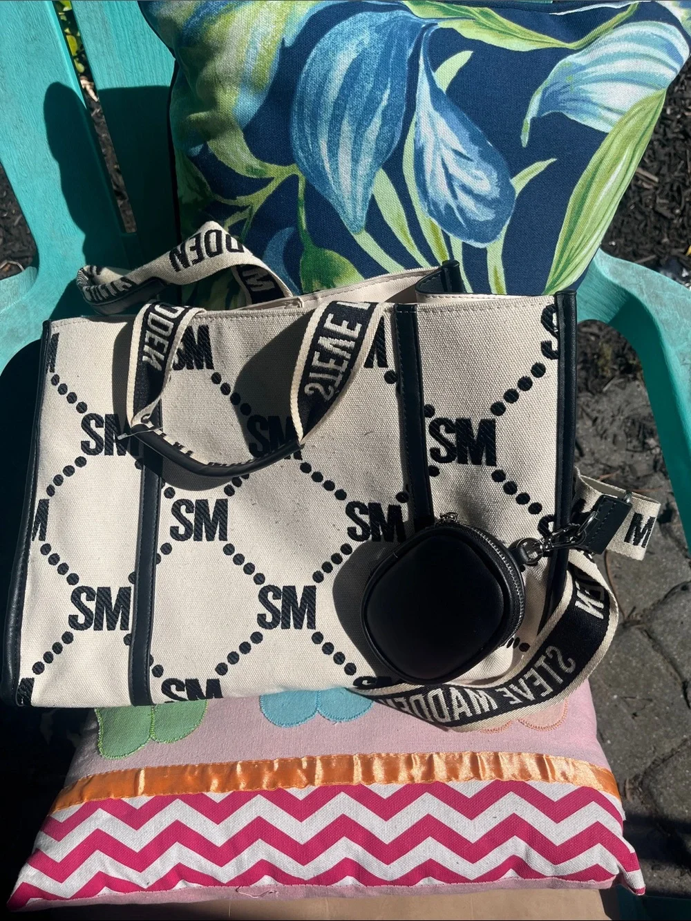 Steve Madden Black & White SM Monogram Canvas Messenger Bag